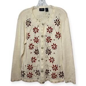 Vintage In Resource Cream Poinsettia Beaded Holiday Cardigan Sweater Sz Medium